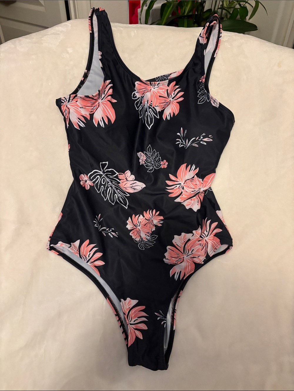 Black Floral One-Piece Swimsuit with Pink Blossoms